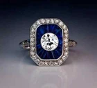 Art Deco Style Lab Created Diamond & Sapphire Wedding 14K White Gold Finish Ring