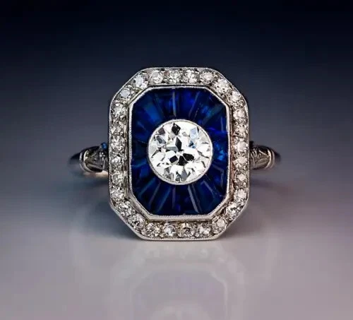 Art Deco Style Lab Created Diamond & Sapphire Wedding 14K White Gold Finish Ring