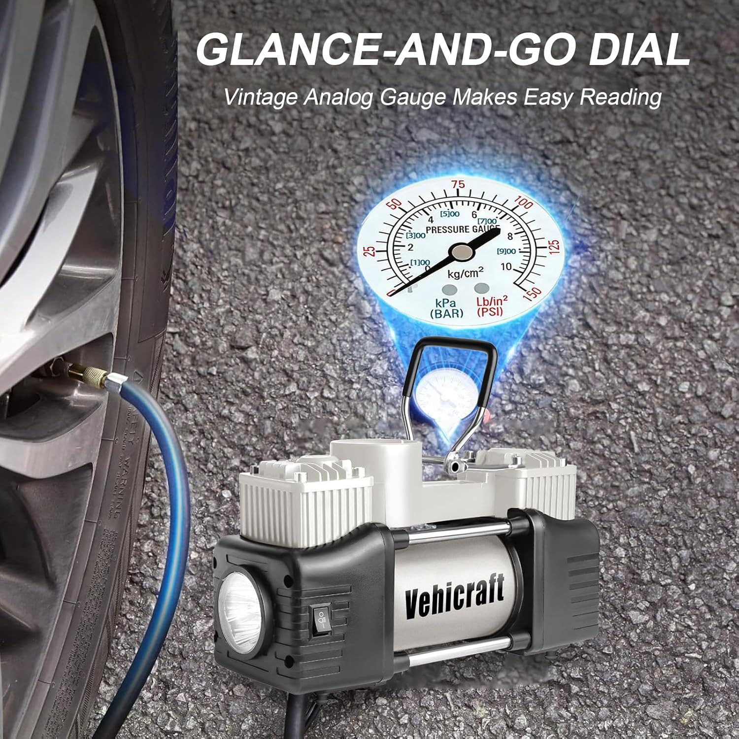 Silver Tire Inflator Portable Air Compressor, Heavy Duty Double Cylinders Auto P