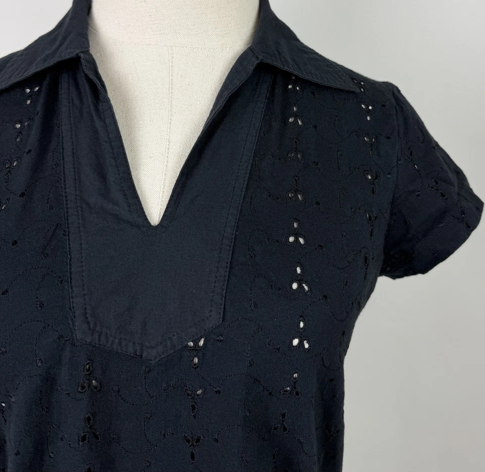 Vintage Eyelet Top Womens Small Black Jersey Knit Collared V-neck Shirt 90s Y2K - Image 2 of 4