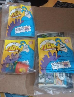 3 SEALED Jack in the box 1990S I am THE Tick TOY LOT RARE FOX KIDS SHOW + BAG