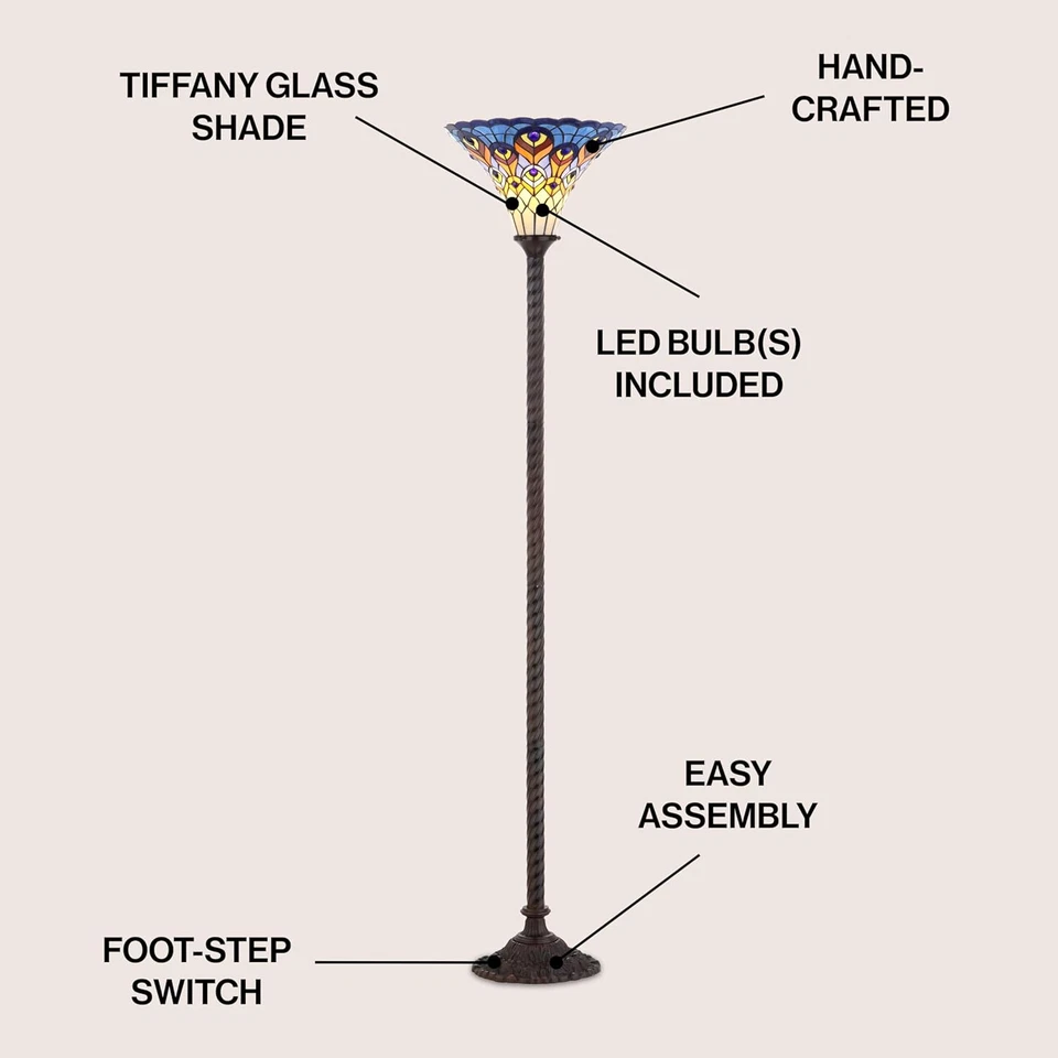 JYL8006A Pavo Real Estilo Tiffany 70" Antorcha Lámpara de Pie LED, Tiffany, Tradiciona Foto 2 de 4