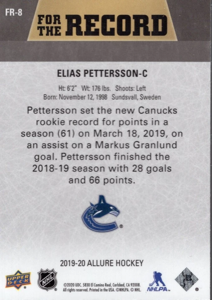 2019-20 Upper Deck Allure For the Record #FR8 Elias Pettersson - HKY - Image 2 of 2