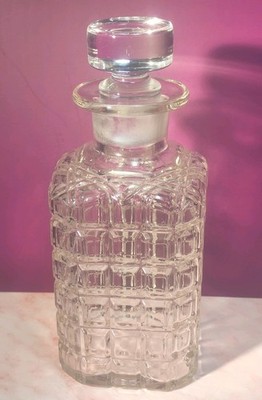 Quadratische gemusterte Glas Whisky DEKANTER mit Deckel Stopfen Vintage 20,5 cm