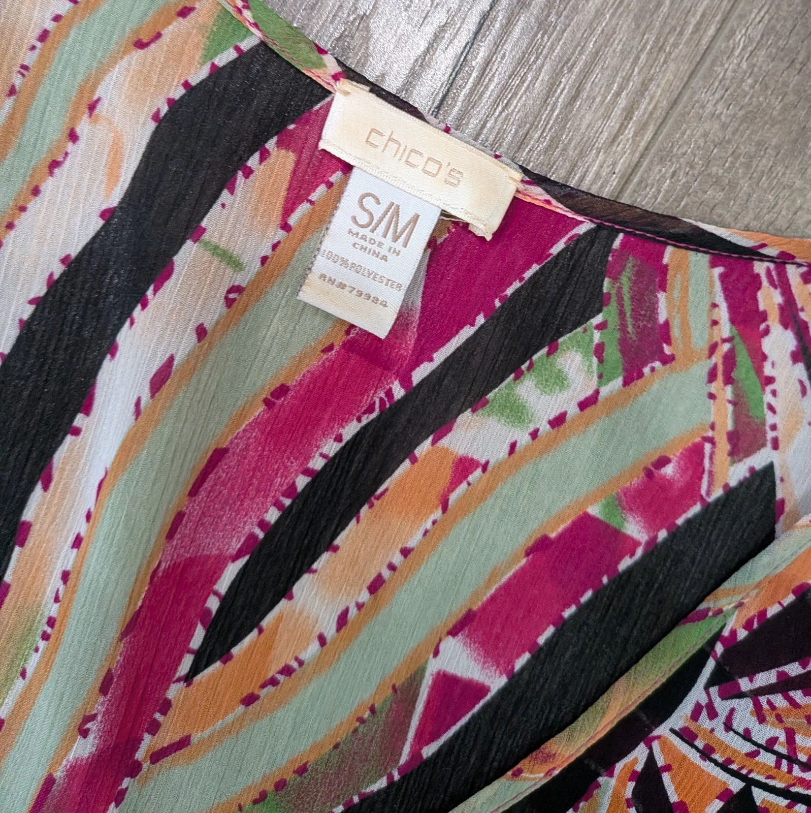 Chicos Sheer Poncho Top Womens S/M Abstract Geometric Kaftan Cover-Up Boho Artsy