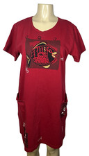 Crazy Fish T-Shirt Dress Womens One Size Red Cotton Nautical Graphic Pockets USA