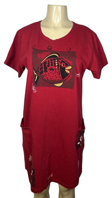 Crazy Fish T-Shirt Dress Womens One Size Red Cotton Nautical Graphic Pockets USA