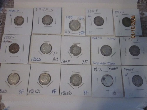 Lot of 15 Silver Roosevelt Dimes - Includes 1949-P BU