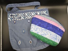 Blue 80s Style Embroidered Mirror Beaded Bag and a Cosmetics Bag