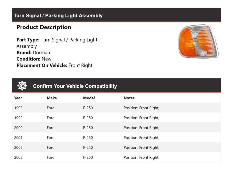 Conjunto de luz de estacionamiento/señal de giro delantera derecha para Ford F-250 Dorman 1998-2003 Foto 2 de 4