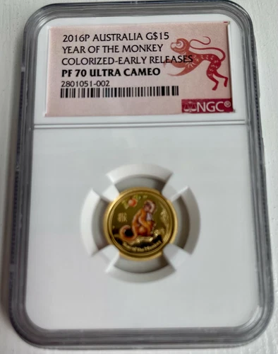  2016-P NGC Australia Gold Year Monkey COLORIZED PF 70 UC EARLY RELEASE 1/10thOZ