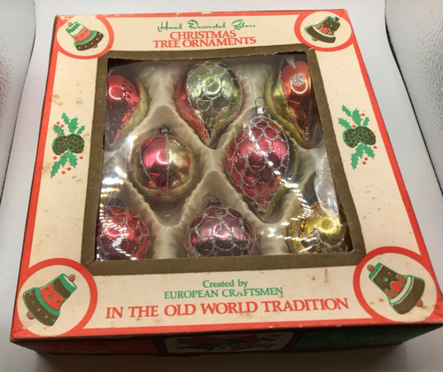 Vintage Blown Glass Teardrop Ball Christmas Ornaments in Box-Romania