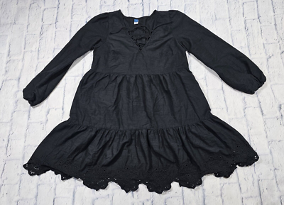 Old Navy Dress WOMENS SZ S Black Long Sleeve Tiered V Neck Lace Up Eyelet Hem