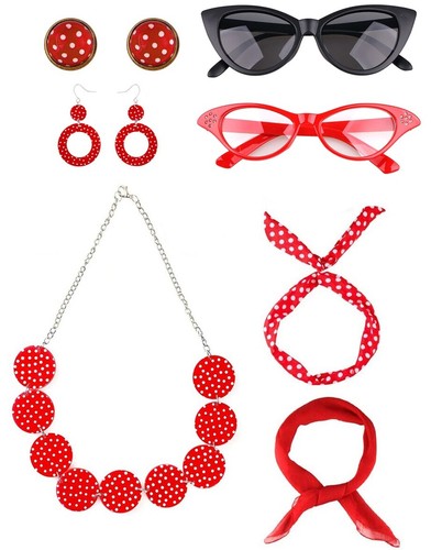 Años 50 Mujer Disfraz Accesorios Años 50 Bufanda Grasa Diadema Gafas Pendientes Set - Imagen 2 de 8