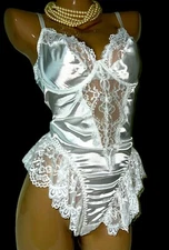 Vtg Style Frilly Lace & 2nd Skin Satin Teddy Bodysuit Sissy Bridal Lingerie XL
