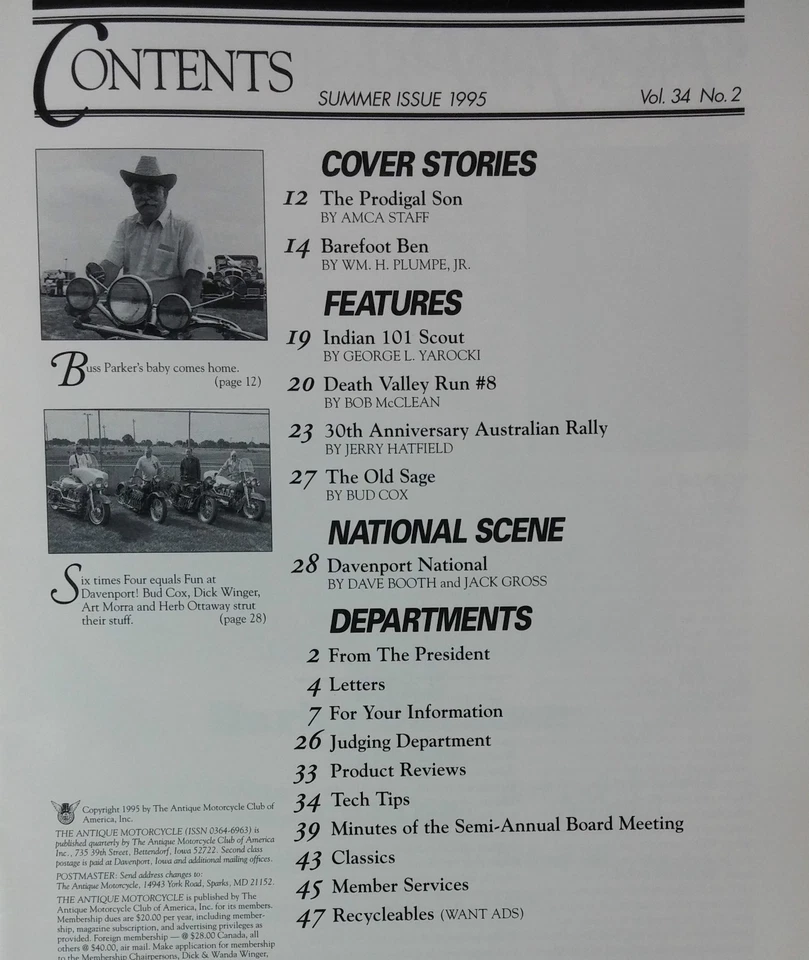 THE ANTIQUE MOTORCYCLE MAGAZINE SUMMER 1995 INDIAN HARLEY NORTON BSA TRIUMPH - Image 2 of 2