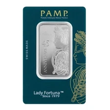 1 oz Silver Bar PAMP Suisse Lady Fortuna 45th Ann .999 Fine Silver - In Assay