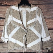 Chico s Tweed One Button Frayed Stretch Knit Blazer Jacket White Beige Size 1