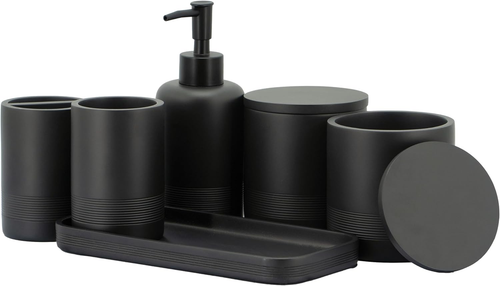 Set Di Accessori Da Bagno Nero, 6 Pezzi, Organizer Da Bagno Con Portaspazzolino, - Foto 9 di 12