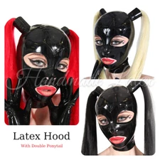 US Latex Hood Rubber Sexy Mask with Double Ponytail Wigs Cosplay Club Party BDSM