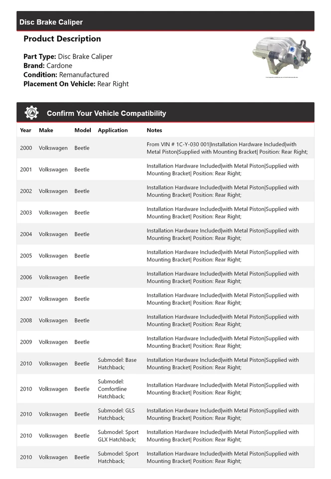 For 2000-2010 Volkswagen Beetle Disc Brake Caliper Rear Right Cardone 2001 2002 - Image 2 of 4