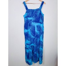 Liz Claiborne Size Medium Maxi Linen Blend Dress Blue Palm Print Tropical Resort