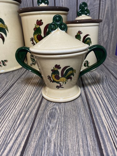 Antique Metlox Poppytrail Rooster Canister Set of 4 Flour Sugar Tea USA 50’s - Picture 5 of 24