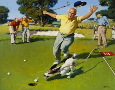 Andrew Loomis Dog Chasing A Golf Ball Canvas Print 16 x 20 - Image 1 of 4