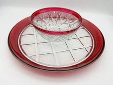 Vintage Indiana Glass Ruby Red Basketweave Chip Serving Platter and Dip Set