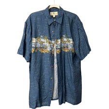Island Shores Button Up Shirt Men Sz L Blue Hawaiian Tropical Beach PalmTree EUC