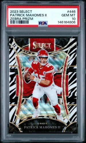 2023 PANINI SELECT ZEBRA PRIZM #446 PATRICK MAHOMES II PSA 10
