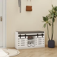 Storage Bench with Double Sliding Doors and Removable Cushion