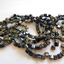 30 Beads - 5mm Mini Tile, 2-Hole - Jet Picasso - Czech Glass