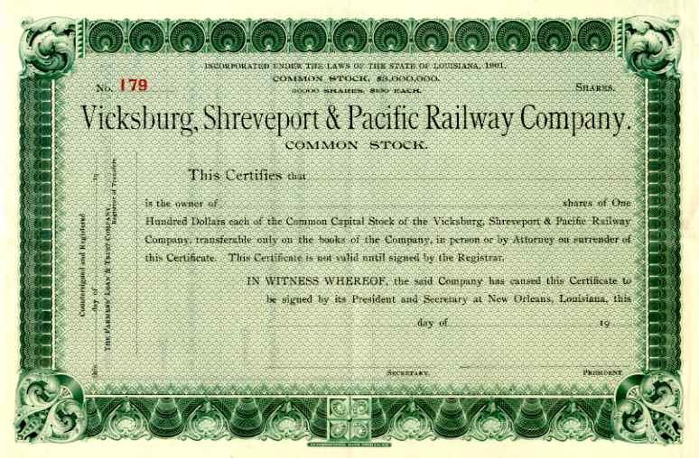 188_ Vicksburg Shreveport & Pacific RR Stock Certificate
