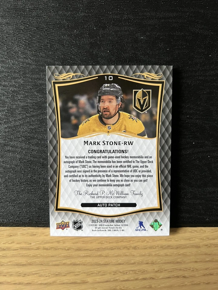 2023-24 Upper Deck Stature Auto Patch Mark Stone #10 /49 (AU, MEM) - Image 2 of 3