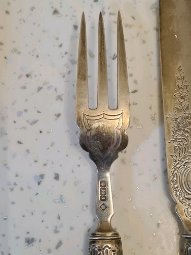 Antique Hallmarked Silver 1893 Desert Fork & Kni fe Decorative Martin Hall & Co - Picture 7 of 14
