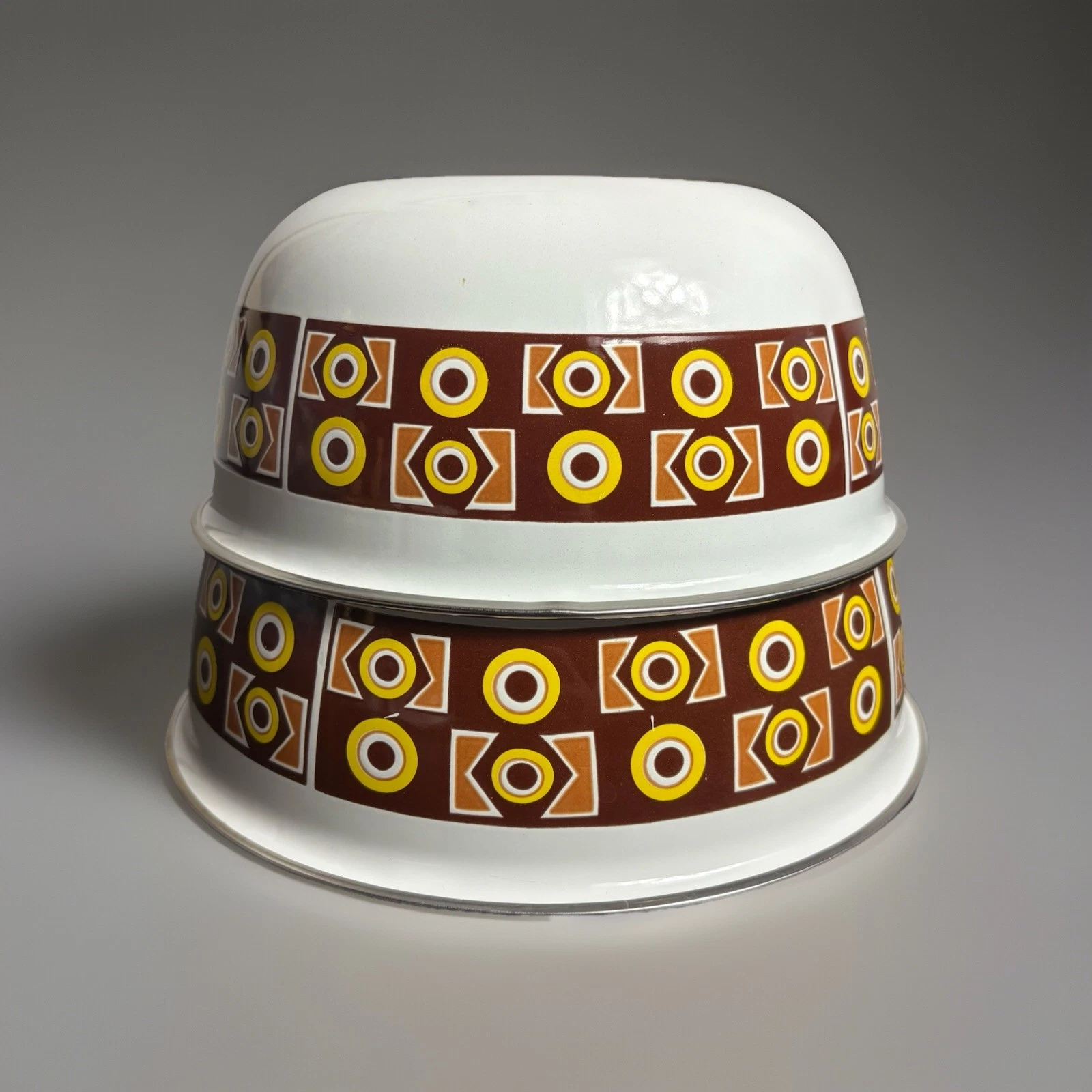 Vintage Mid Century Set of 2 Enamel Nesting Mixing Bowls White Brown Geometric