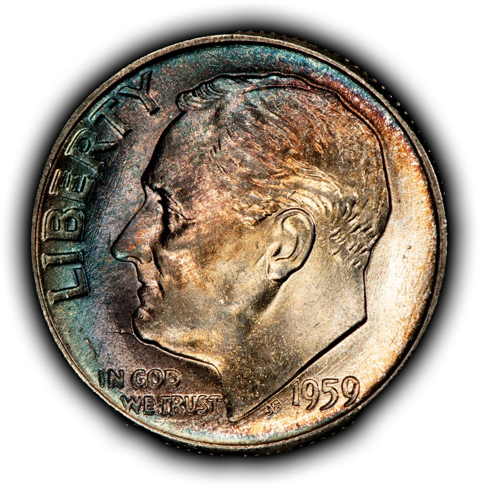 1959 10c Silver Roosevelt Dime - PQ Rainbow Toning - BU - SKU-Z6336 - Image 3 of 4