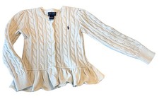 Ralph Lauren Girls Cable Knit Cardigan Size 5 Cream Ruffle Hem Cotton