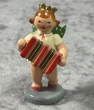 Vintage Mini German Erzgebirge Wood Angel Playing Accordion Hubrig Volkskunst