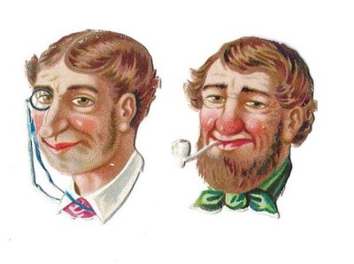 1888 Antique Victorian Die-Cuts, 2 COMEDIC GENT PIPE, Caricature Scraps, 1.5'' Ea