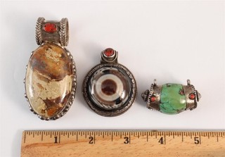 3 Vintage Silver Tibetan Pendants Agate Evil Eye Birds Eye Jasper Ghau Amulet