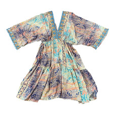 Bigg Bull Dress Silk Blend Blue Floral Tasseled Kimono Sleeve Tiered Beach Boho