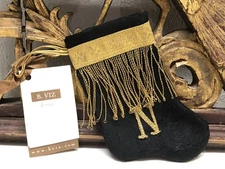 Handmade MINI STOCKING From Antique Textiles by B-VIZ Black w "N" Letter, L50