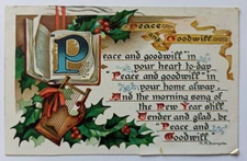 Antique 1909 Peace & Goodwill Christmas Holly Harp Book H. M. Burnside Postcard