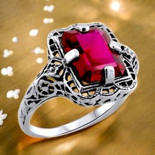 925 SOLID STERLING SILVER VIVID RED LAB-CREATED RUBY FILIGREE RING 1176