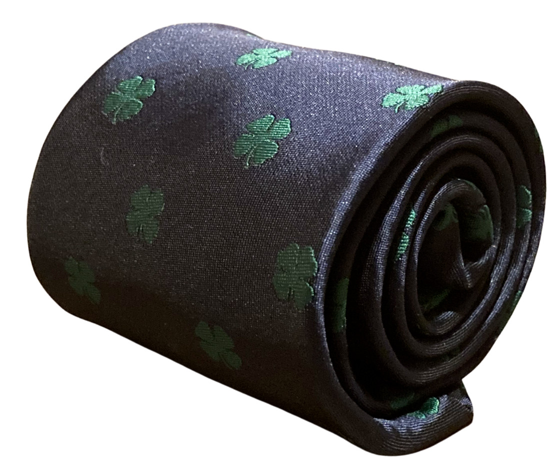 Frederick Thomas Designer Mens Tie - Dark Navy Blue Lucky Four Leaf Clover Irish