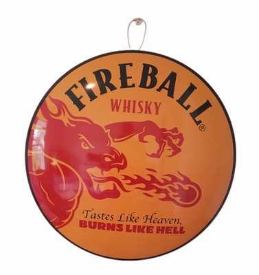 Fireball Whisky Yellow 15'' Round Dome Sign, Tastes Like Heaven Burns Like Hell
