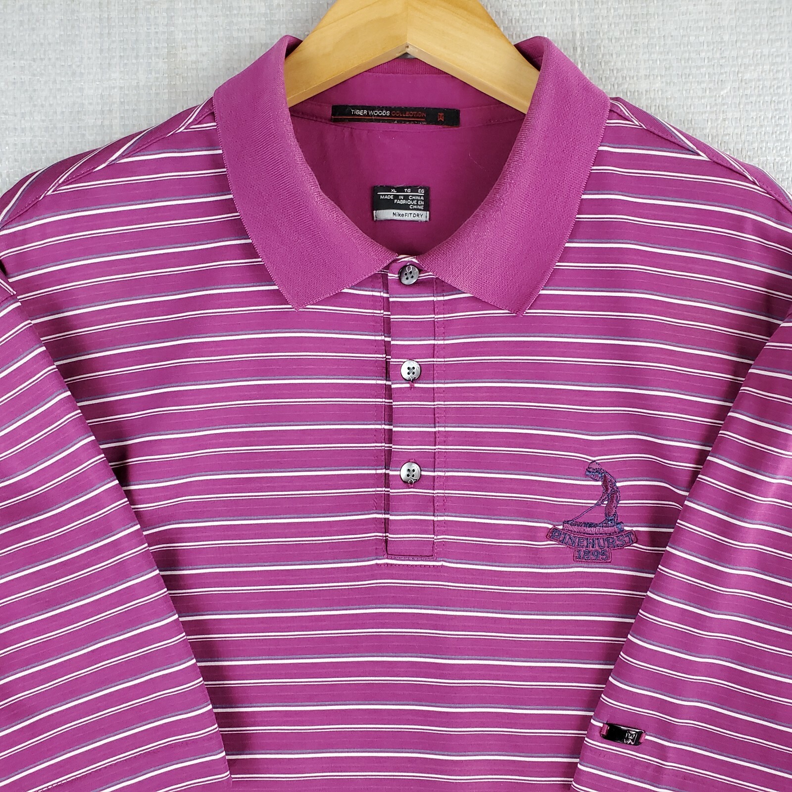 NIKE Tiger Woods Pinehurst XL Magenta Striped Golf Shirt