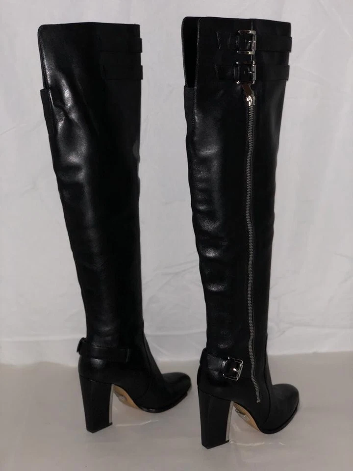 36/6❤️MICHAEL KORS COLLECTION TACÓN ALTO Cuero Negro Sobre la Rodilla Botas $995 Foto 3 de 4